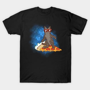 Galaxy cat surfing on pizza slice T-Shirt